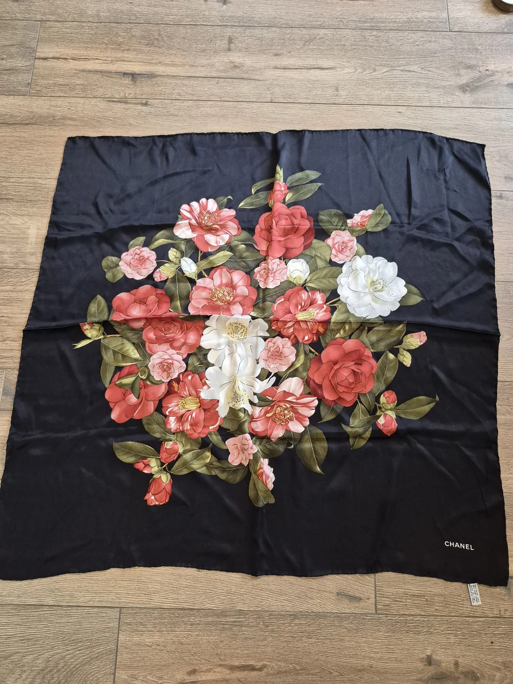 CHANEL Black Scarf, Pink, Red & White Camellias, 33
